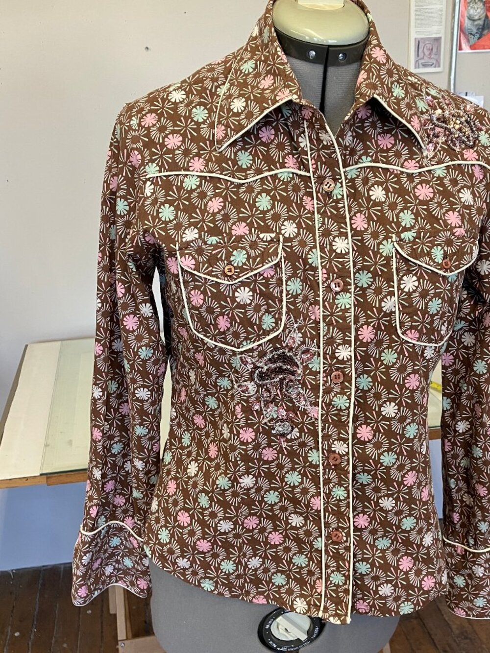 Cowgirl Shirt - Brown, Pink & Teal with Sequins and White Piping